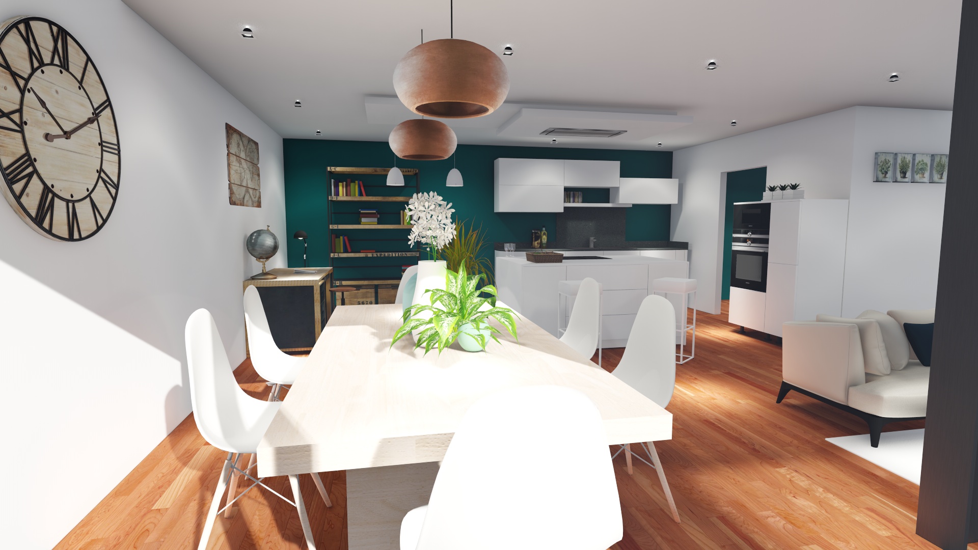 Pièce à vivre aménagé avec une table des chaises et une cuisine