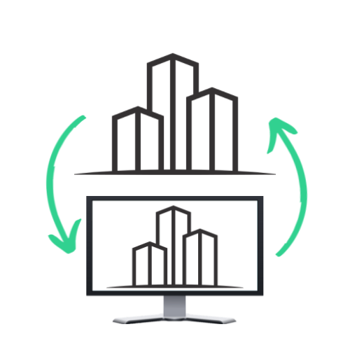 Conceptualisation BIM sur un ordinateur qui pointe vers un immeuble réel